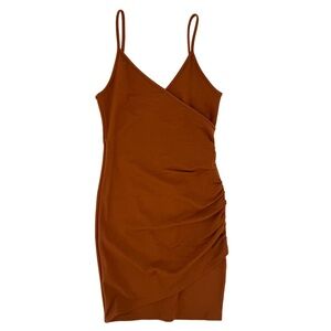 NWT Chestnut Brown Knit Mini Dress, Ruched Wrap Front, Adjustable Straps, Fall